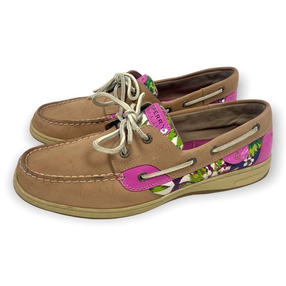 Sperry Shoes - Sperry Top Sider Bluefish 2-Eye Linen Rose Leather Boat Shoe Size 11 Pink Green